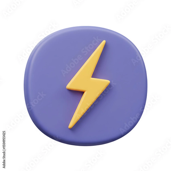 Fototapeta Three dimensional rendering of a yellow lightning bolt icon centered on a purple circle to symbolize power and energy.