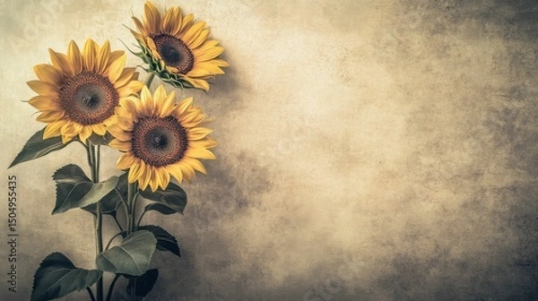 Fototapeta Natural bouquet of blooming sunflowers placed to the left edge of a soft butter-colored background, 