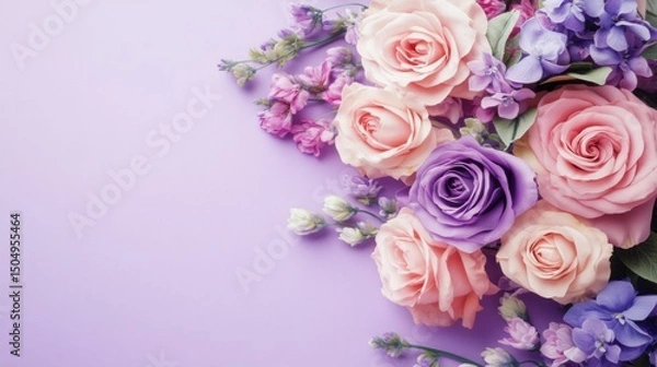 Fototapeta Isolated bouquet of soft purple and pink flowers arranged only on the lower right corner of a pastel purple background,