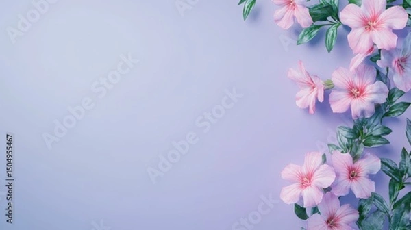 Fototapeta Isolated bouquet of soft purple and pink flowers arranged only on the lower right corner of a pastel purple background,