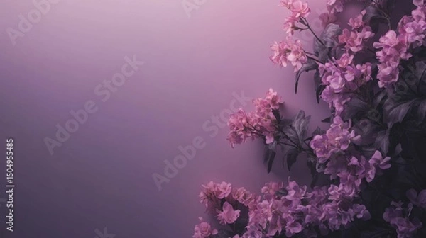 Fototapeta Isolated bouquet of soft purple and pink flowers arranged only on the lower right corner of a pastel purple background, l