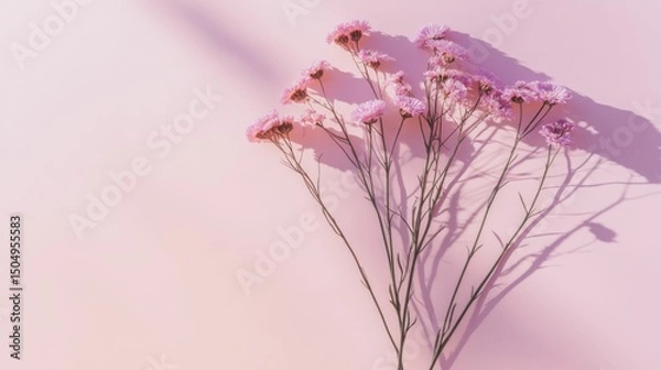 Fototapeta Elegant bouquet of purple and pink daisies with soft shadows on a lavender background,