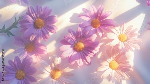 Fototapeta Elegant bouquet of purple and pink daisies with soft shadows on a lavender background, 