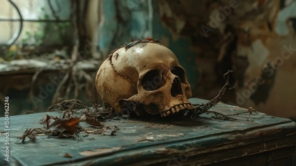 Fototapeta Human skull resting on wooden table.