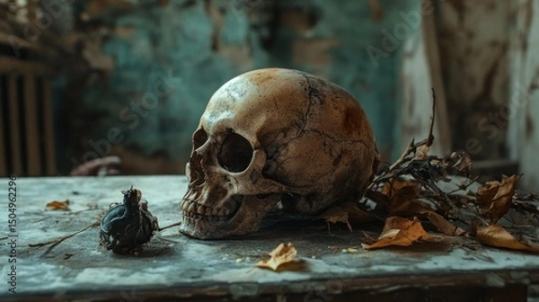 Fototapeta Skull placed on table under soft light.