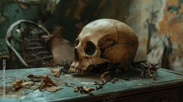 Fototapeta Skull placed on table under soft light.