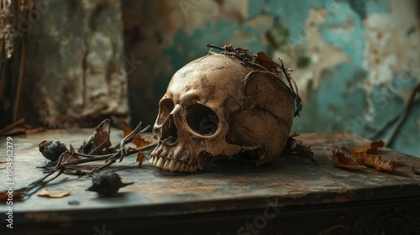 Fototapeta Skull placed on table under soft light.