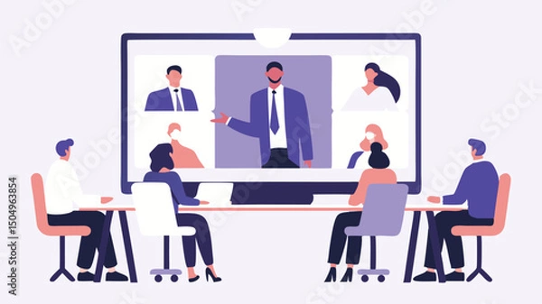 Fototapeta Illustration of a virtual meeting with people on a large screen and attendees seated at a table together