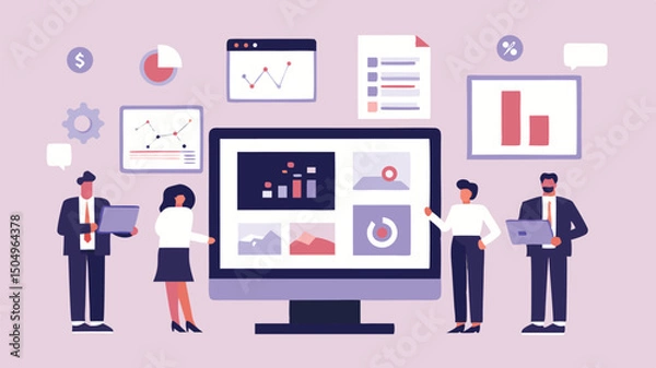 Fototapeta Team analyzing data on a large computer screen surrounded by charts and graphs in a business setting area