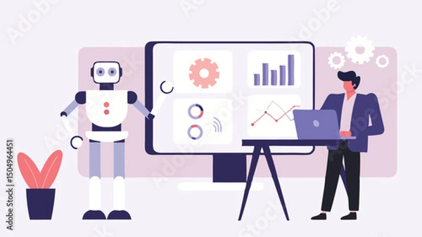 Obraz A robot and a man presenting data on a screen with a laptop in a light purple and white background scene