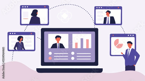Fototapeta Online meeting with laptop showing charts and people in video conference call connecting remotely together