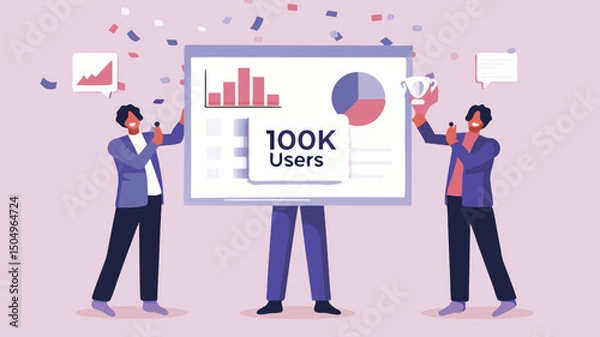 Fototapeta Two men celebrating hundred thousand users with graphs and confetti on a light purple background scene