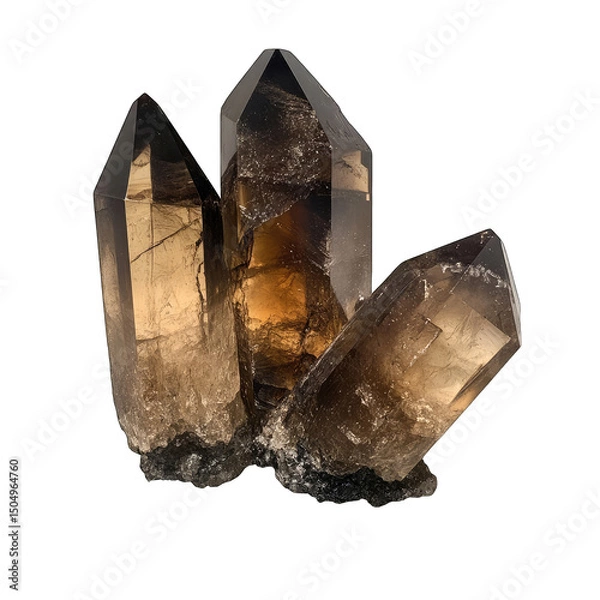 Obraz Three smoky quartz crystals clustered together, exhibiting deep amber hues and internal striations, resting on a dark base