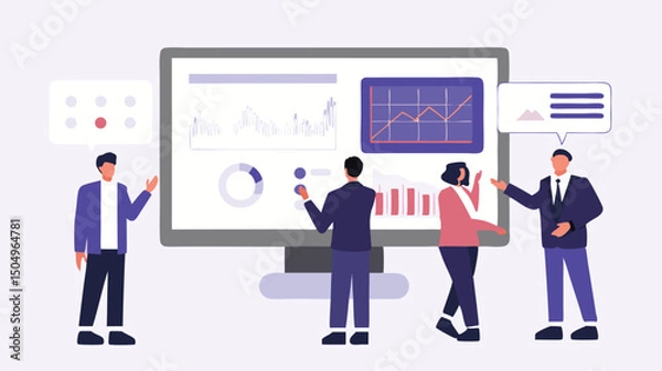 Obraz Business team presenting data on a large screen with charts and graphs in a modern office setting view