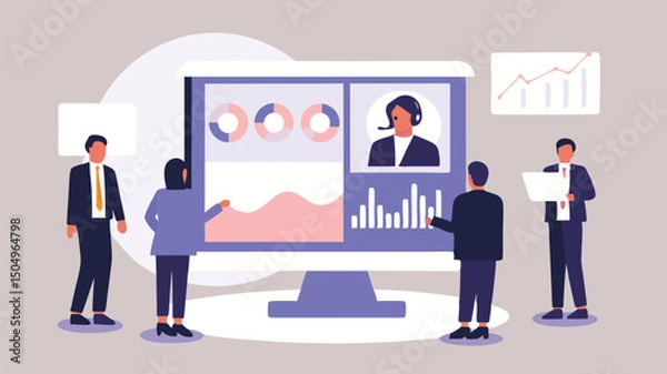 Obraz Business team analyzing data on a large computer screen with a video conference call in progress showing graphs