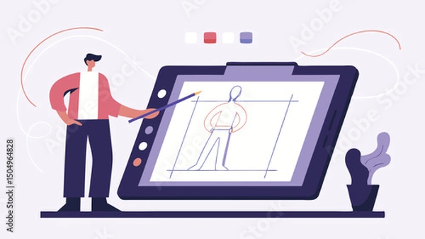 Obraz Digital artist creating a character sketch on a tablet with a stylus in a modern minimalist workspace setup