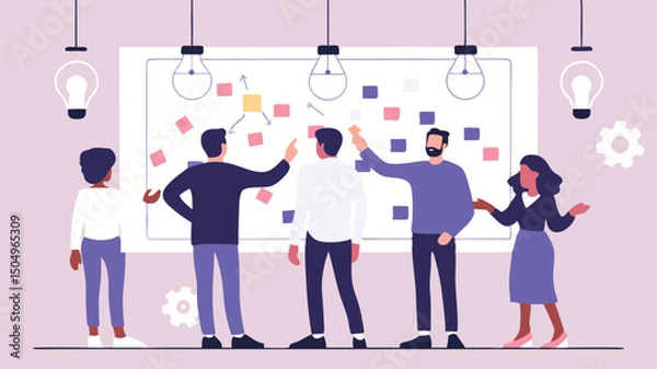 Fototapeta Team collaboration brainstorming with sticky notes on whiteboard under hanging light bulbs in office setting