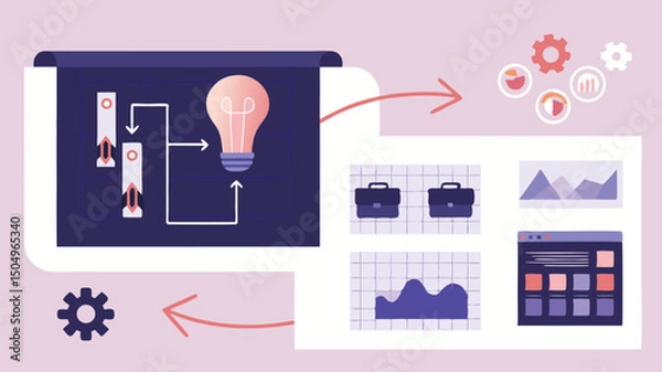 Fototapeta Illustration of business processes with lightbulb, charts, gears, and briefcases on a purple background