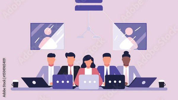 Fototapeta Illustration of a virtual meeting with five participants using laptops and video conferencing screens displayed