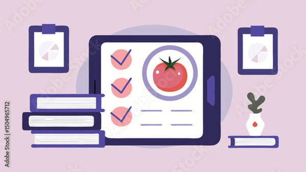 Obraz Illustration of a tablet displaying a tomato and checklists with books and clipboards around it on a shelf