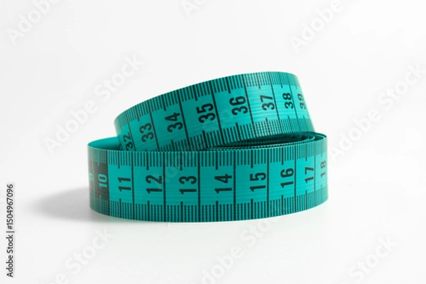 Obraz Tailor’s Measuring Tape Rolled on White Table – Precision tool for dressmaking and alterations, coiled in a loop with visible centimeter markings. Perfect for sewing and fashion visuals.