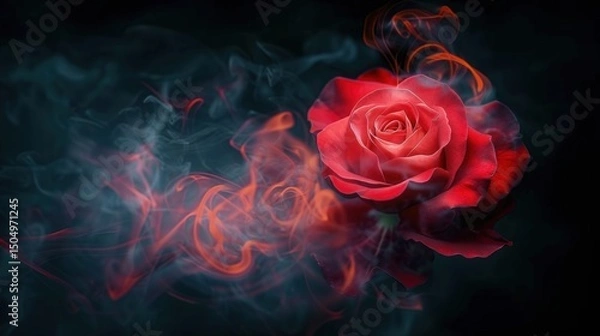 Obraz A stunning red rose with smokey, fiery accents, emerging from a dark and mysterious background.
