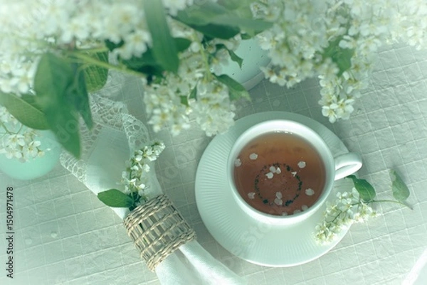 Fototapeta Cup of tea on the table with spring fresh bouquet with white blooming fragrant branches of bird cherry.