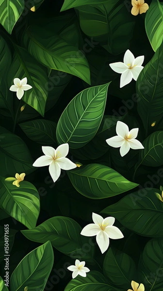 Fototapeta Tropical Seamless Pattern with Emerald Green Leaves and White Blossoms, Crisp Botanical Design on Dark Background, Ideal for Wallpaper, Fabric, or Print with a Refreshing Exotic Jungle Feel