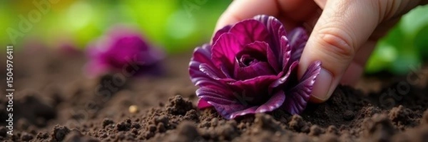 Obraz Close-up of purple lettuce being picked from garden soil, planting, vegetable, texture