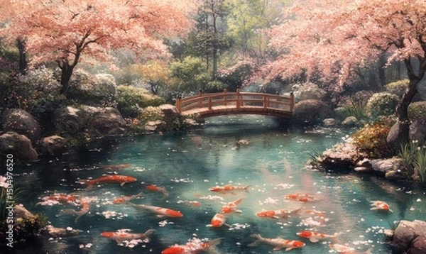 Fototapeta tranquil painting of a Japanese garden with a koi pond, cherry blossoms, and a wooden bridge, Generative AI