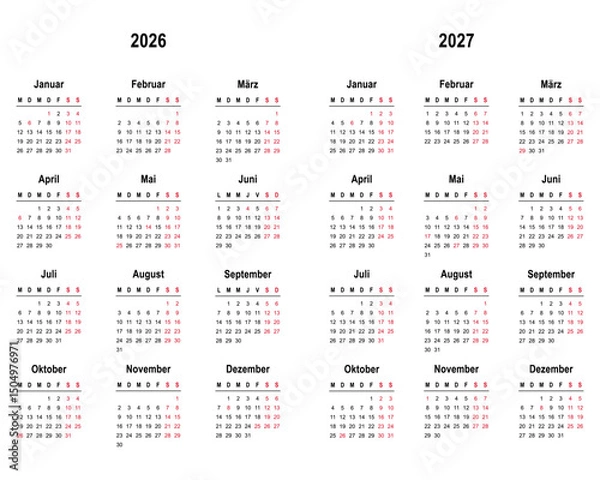Fototapeta Simple austrian calendar 2026, 2027 on german language with public holidays the country of Austria, week start on Monday. Vector graphics