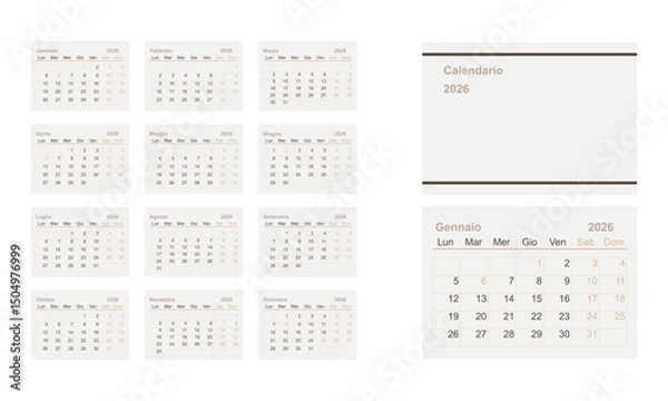 Fototapeta 2026 calendar minimalist on Italian language with italian holidays. Week start on Monday.	