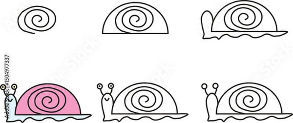 Fototapeta Step by step tutorial to draw a cute pink snail in simple cartoon style, ideal for kids’ learning, art worksheets, and preschool activities