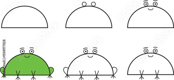 Fototapeta Step by step how to draw a frog for kids in simple cartoon style, educational guide for children’s art activities