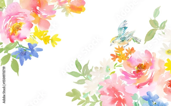 Obraz Vector frame illustration of abstract pink peonies , roses, little bird and wild flowers painted in watercolor. hand painted floral background for spring and summer.