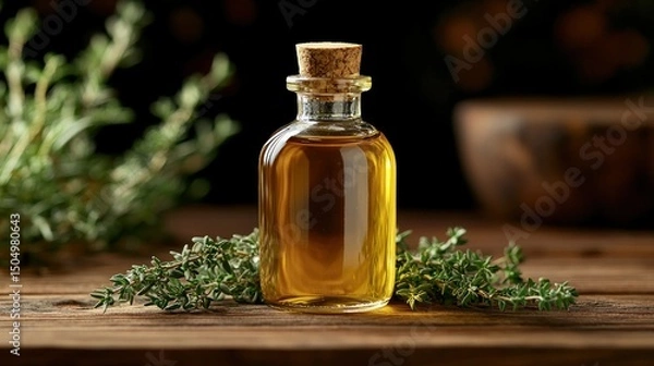 Obraz Small glass bottle of golden oil surrounded by fresh thyme sprigs on a rustic wooden table