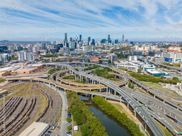 Fototapeta Aerial view of Brisbane city and highway traffic