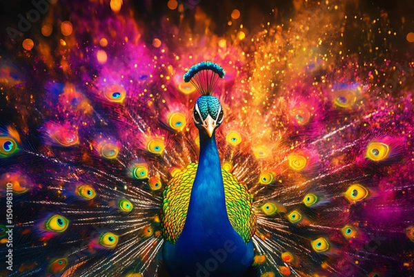 Fototapeta Vibrant peacock displaying its colorful feathers against a dazzling, abstract background of light