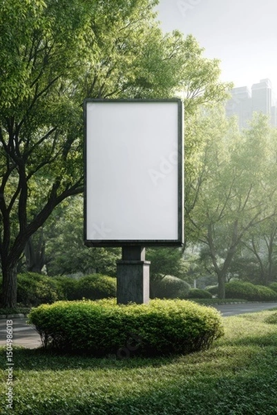 Fototapeta A blank, vertical billboard stands amidst lush greenery, sunlight filtering through trees in a tranquil urban park setting