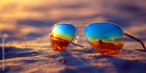 Fototapeta Sunglasses on sandy surface with soft background focus