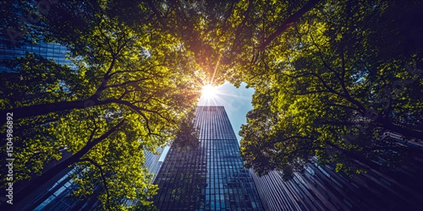 Fototapeta Sunlight filtering through dense lush forest with morning mist