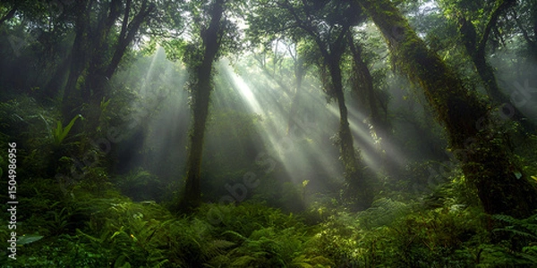 Fototapeta Sunlight filtering through dense lush forest with morning mist