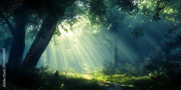 Fototapeta Sunlight peeking through fog in dense evergreen forest
