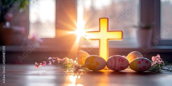 Fototapeta Sunlight shining through cross with radiant light beams