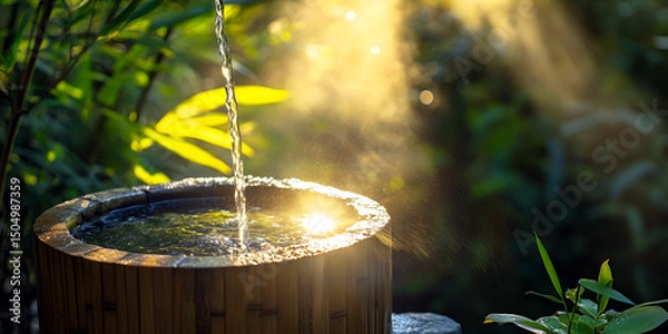 Fototapeta Sunlight streaming through bamboo water fountain in serene garden