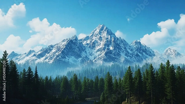 Obraz 雪に覆われた山頂を持つ雄大な山脈