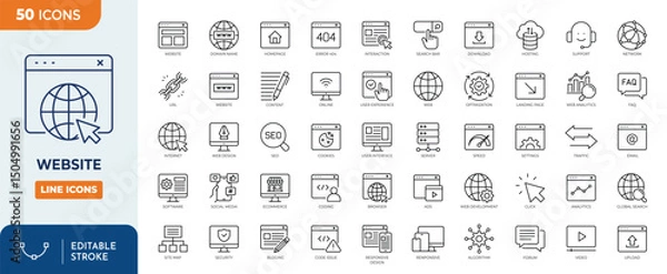 Obraz Website line editable icon set. Contain icons related to Containing web design, internet, content, SEO, hosting,  blog, homepage, e-commerce, and more. Editable stroke. Vector illustration