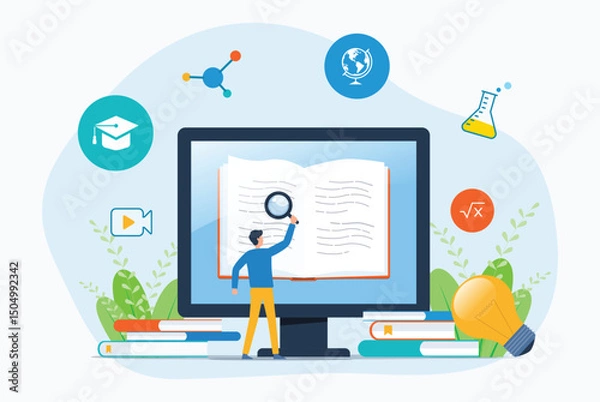 Fototapeta online education and E-learning concept with students reading  books online and working on computer monitors. flat vector illustration design
