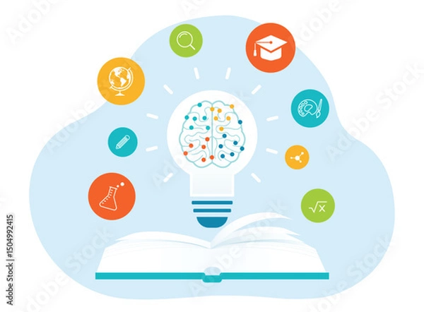 Obraz flat vector illustration design  learning and education knowledge learning network concept. a light bulb with a brain network inside on a textbook.
