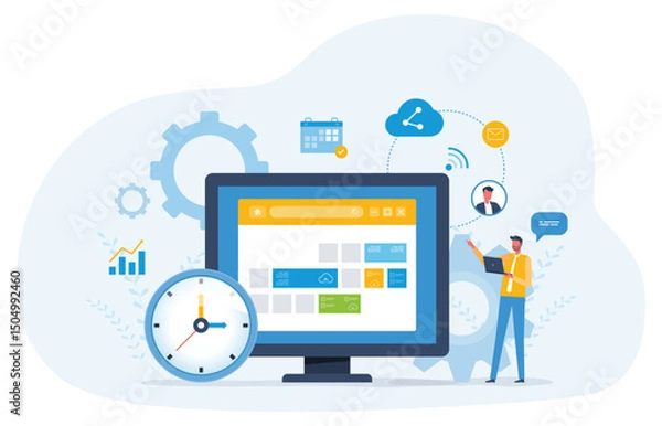 Obraz Flat vector illustration design Business planning concept and Business people team working with digital online calendar. online work schedule app connect concept
